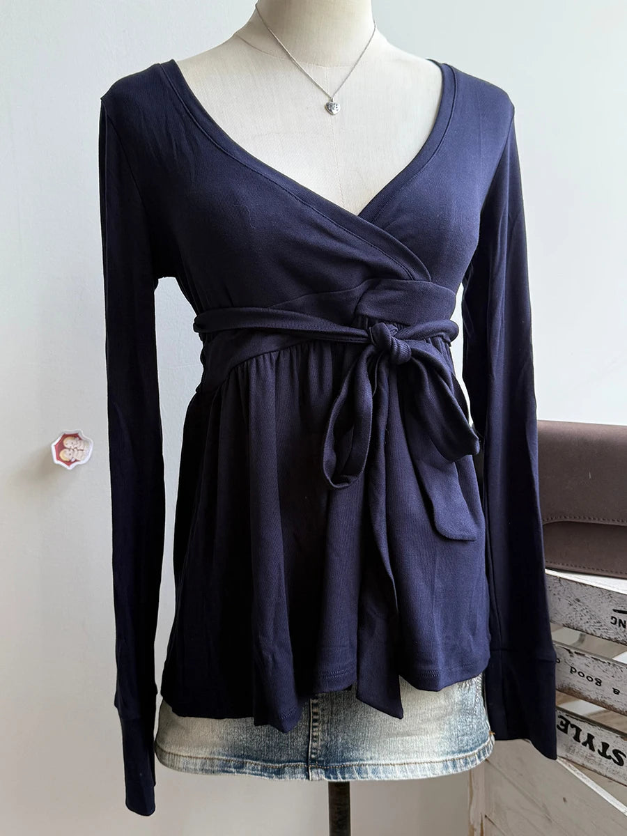 Navy V-neck Sexy Long Sleeve Tees Women Autumn New Streetwear Casual Lace-up Slim T-shirts Vintage Chic Sweet Babydoll Tops Y2K