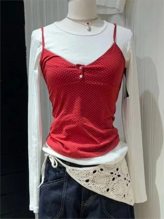 Red Polka Dot Two Button Cotton Tank Top Women New Casual Slim Sexy Lace Trim Cropped Vests Female Vintage Simple Chic Camis Y2K