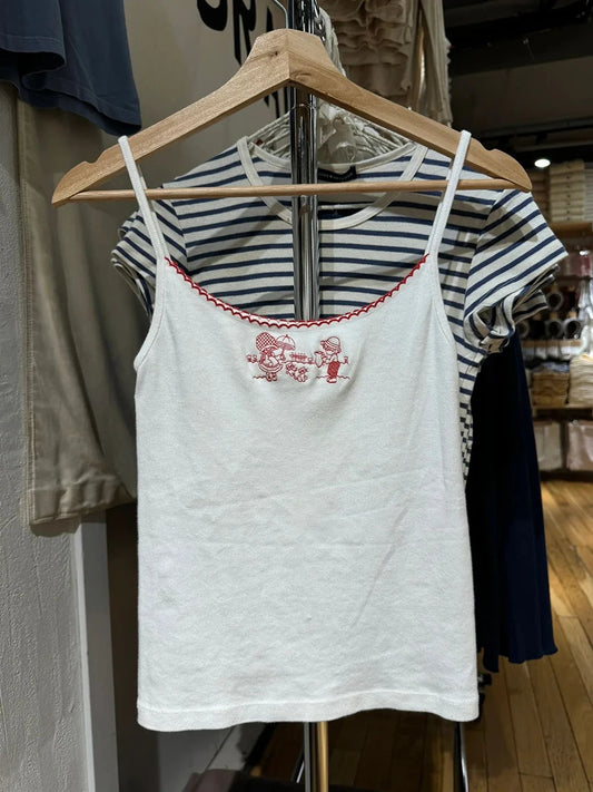 Cute Girls and Cats Embroidery Tank Top for Women Summer Cotton Lace Trim Sleeveless Camisole Sweet Preppy Style Top T shirt Y2K