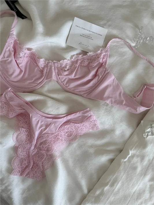 Pink Unlined Full Cup Bra Set Underwire Lace Trim Lift Comfortable Minimalist Seamless Skin-friendly Everyday Bras and Panty