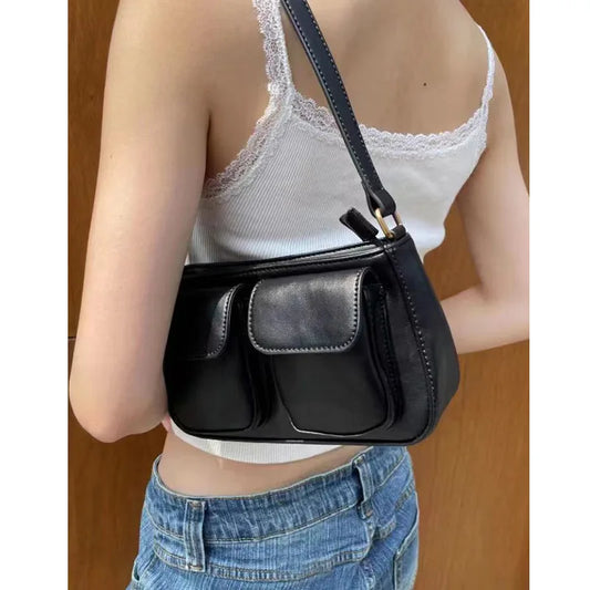 Black Simple Pocket Pu Shoulder Bag Four Season High Quality Ladies Crossbody Bags School Style All-match Vintage Handbags Y2K