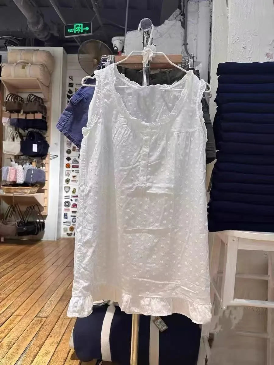 White Ruffle Round Neck Mini Dress Women Summer Streetwear Button Sleeveless A-line Short Vestidos Sweet Elegant Vintage Dresses