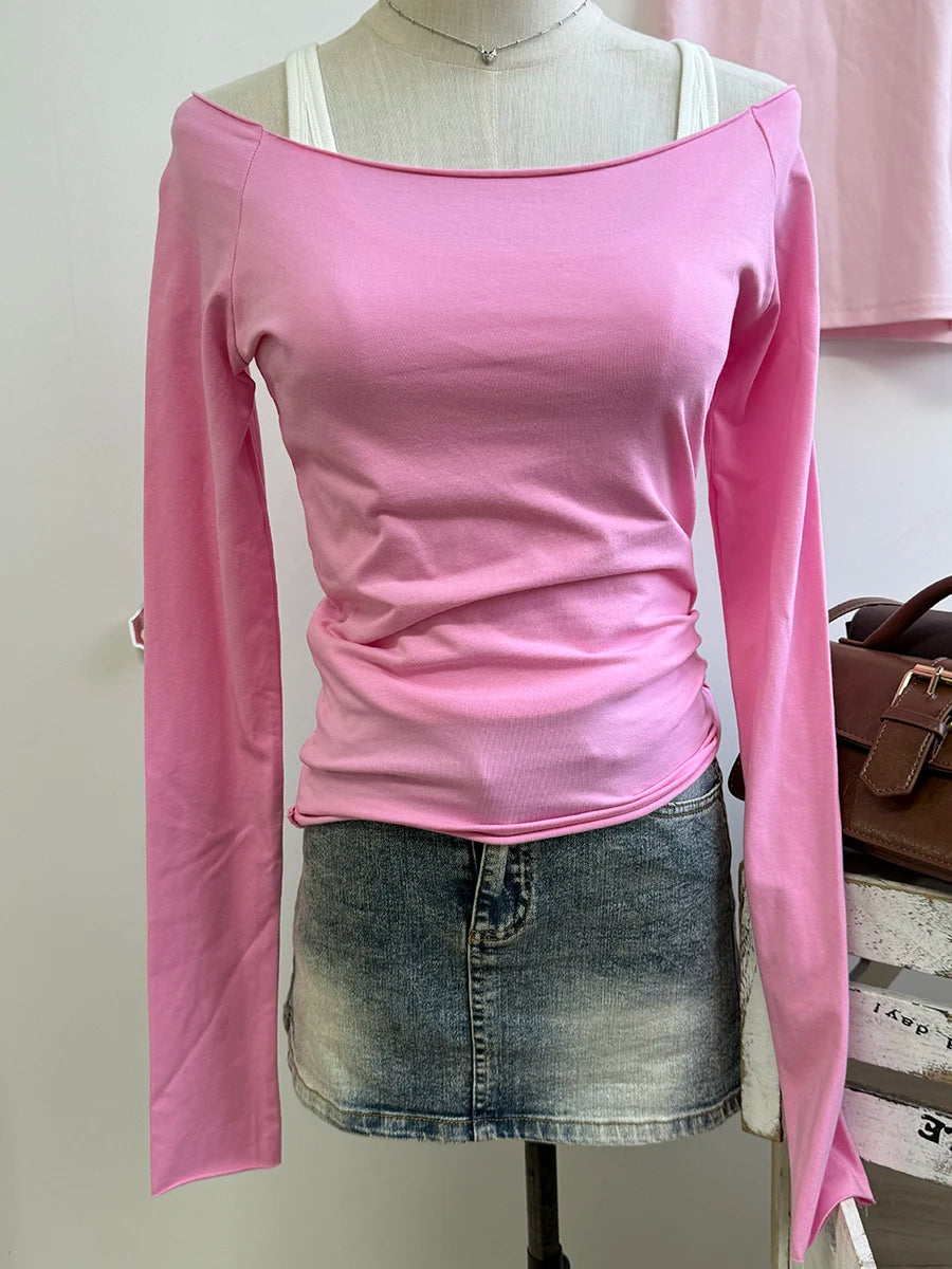Red Slim Long Sleeve Tee Women Spring Simple Basic Slash Neck Casual Raw Hem Cotton Tops Female Vintage Chic Red Y2K T-shirts