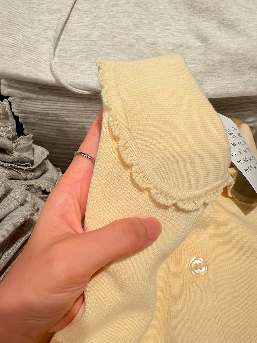 Yellow Babydoll Top Cardigan Women Autumn Lace Trim Collar Cotton Buttons Knitted Jumper Cute Sweet Preppy Style Sweater New Y2K