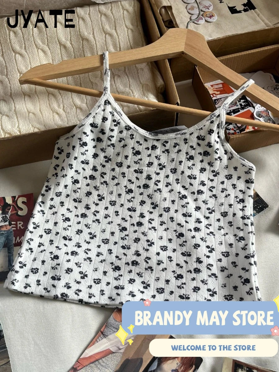 Navy Blue Floral Print Crop Tops Women New Cotton Casual Preppy Style Slim Cropped Sleeveless Vests Sweet Vintage Chic Camisole