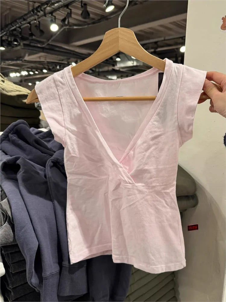 Pink V-neck Sleeveless T-shirts Women Summer Casual Fairy Style Slim Cotton Crop Tops Female Sweet Cute Streetwear Vests Y2K