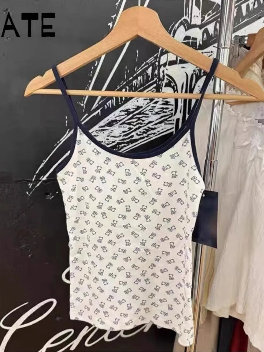 Sweet Girl Print Patchwork Camisole Women New Cotton Soft Casual Slim Sleeveless Cropped Vests Sweet Cute Preppy Style Tank Tops