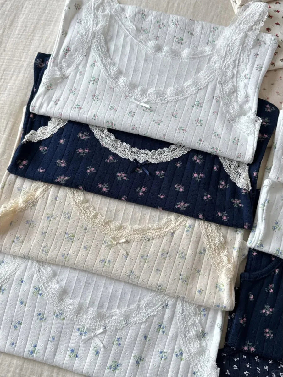Bow Floral Eyelet Lace Trim Tank Tops Women Summer Simple Cotton Sleeveless Slim Camisole Girls Sweet Cute Preppy Style Vests