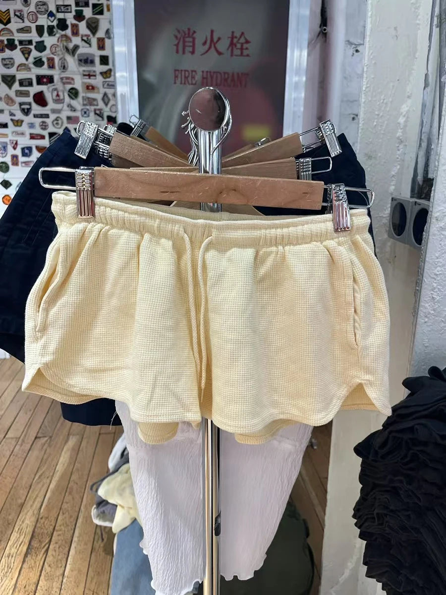Floral Yellow Home Pajama Sets Women Summer Eyelet Tees Waffle Straight Short Pant Sweet T-shirt Shorts Sweet 2 Pieces Outfits