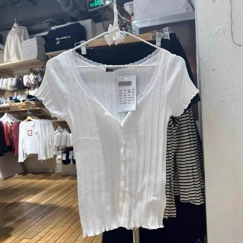 Basic White Lace Trim Buttons T-shirts Women New Spring Casual Slim O-neck Short Sleeve Tees Sweet Cute Vintage T Shirt Y2K Tops