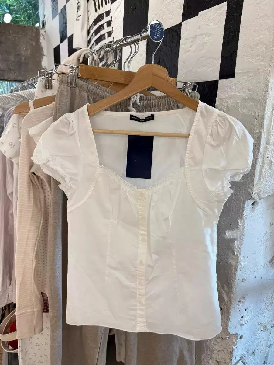 White Folds Buttons Short Sleeve Tees Women New Casual U-neck Lace Trim Streetwear Shirt Tops Sweet Chic Preppy Style T-shirts