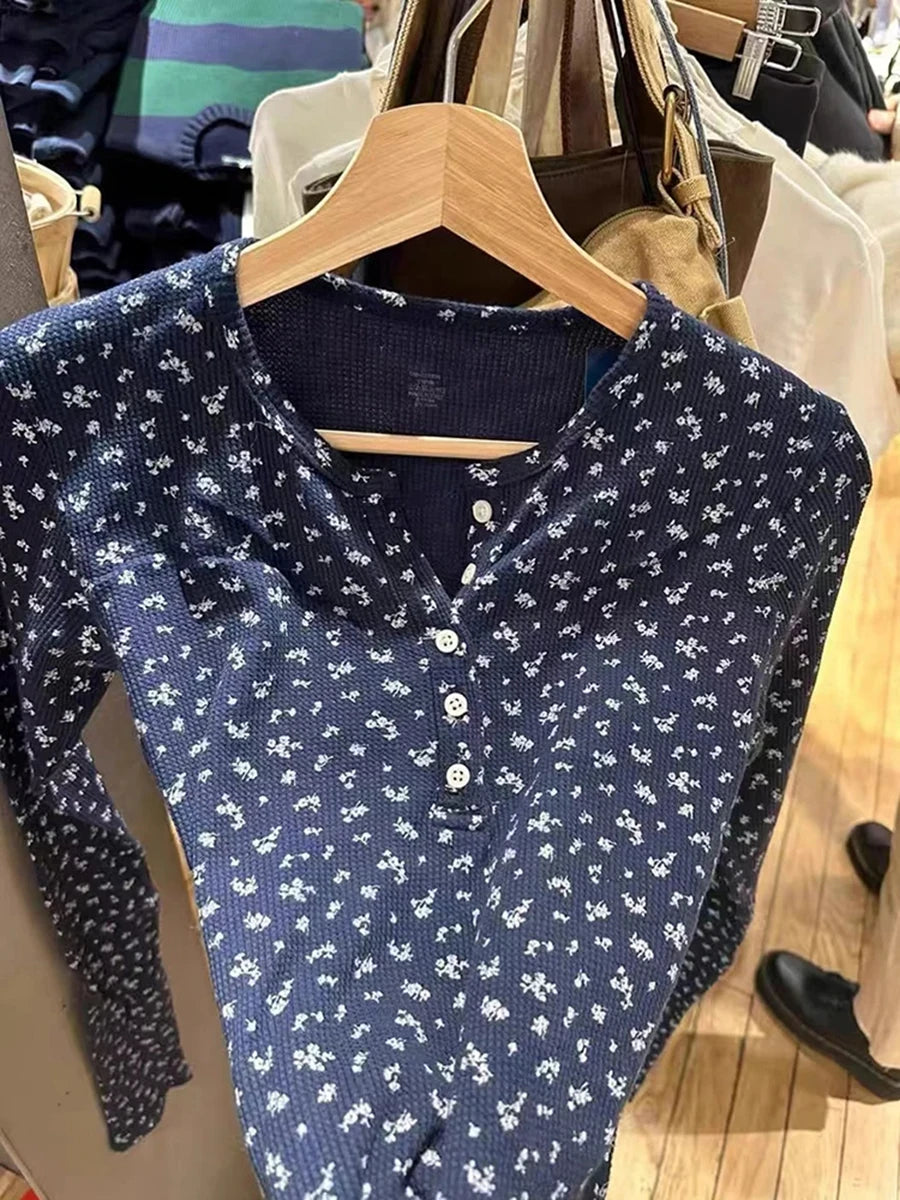 Waffle Floral Buttons Slim Long Sleeve Tee Women Spring New Cotton Preppy Style Tops Female Sweet Cute Chic Vintage T-shirts Y2K