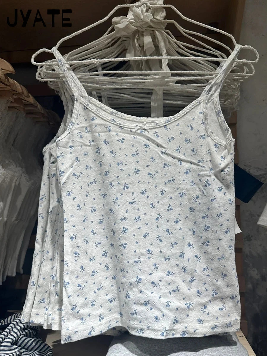 Chic Blue Floral Print Bow Sleeveless Vests Women New Cotton Soft Casual Slim Cropped Camisole Sweet Cute Vintage Tank Tops Y2K