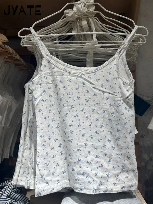 Chic Blue Floral Print Bow Sleeveless Vests Women New Cotton Soft Casual Slim Cropped Camisole Sweet Cute Vintage Tank Tops Y2K