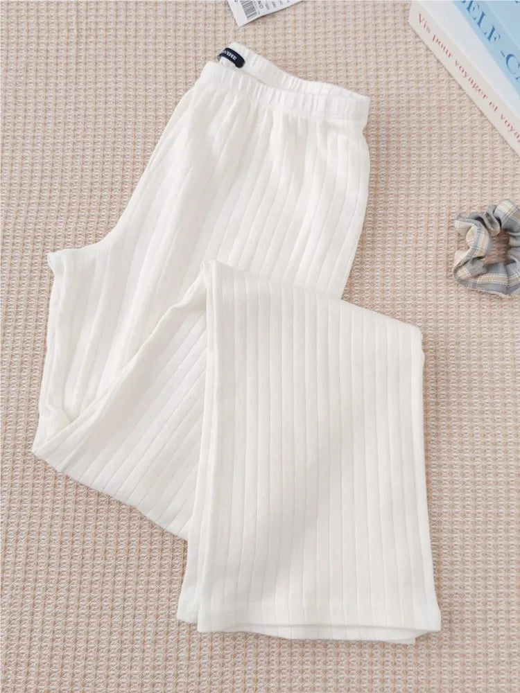 White Eyelet 2 Piece Sets Women Buttons Cotton Long Sleeve Tee+Elastic Waist Straight Trousers Home T-shirt Pant Pajama Set Y2K