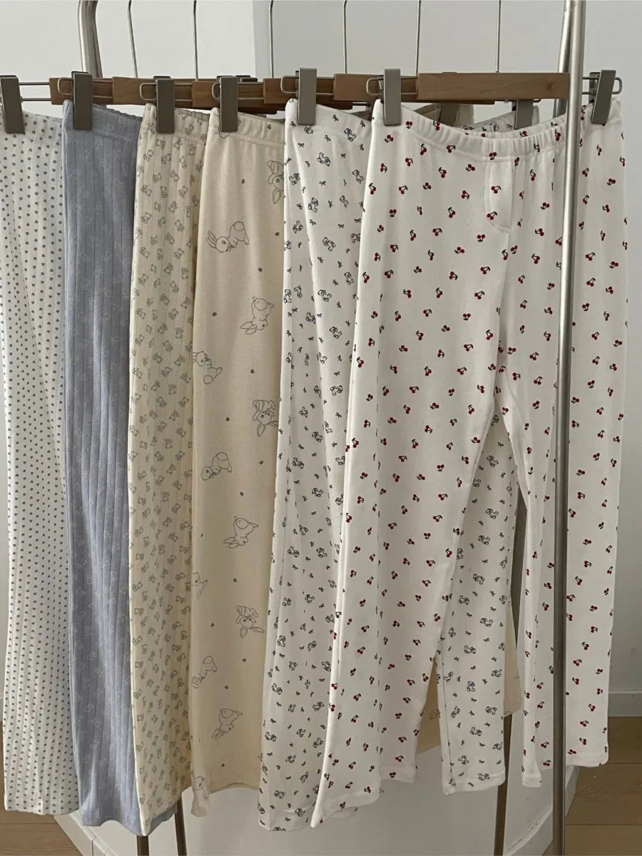 Cute Print Cotton Long Pants Women All-match Soft Elastic High Waist Pajama Trousers Sweet Vintage Preppy Style Home Pant Y2K