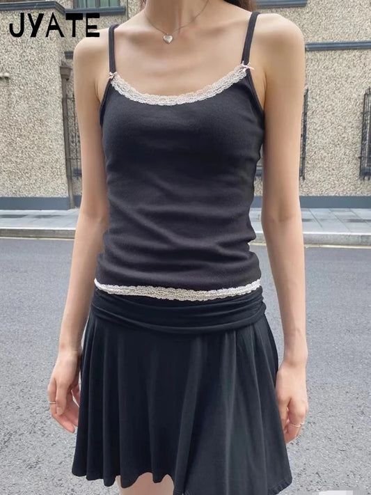 Harajuku Lace Trim U-neck Tank Tops Women New Cotton Sexy Slim Streetwear Bow Sleeveless Vests Vintage Chic Sweet Camisole Y2K