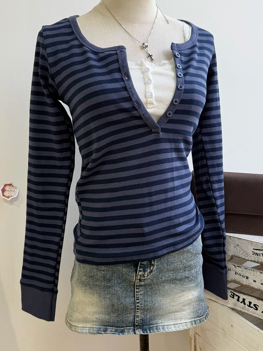 Brown Striped Long Sleeve Zelly Tops Women Casual Chic Cotton Buttons T-shirt Vintage Simple Preppy Style Slim Tshirt Y2K Tees