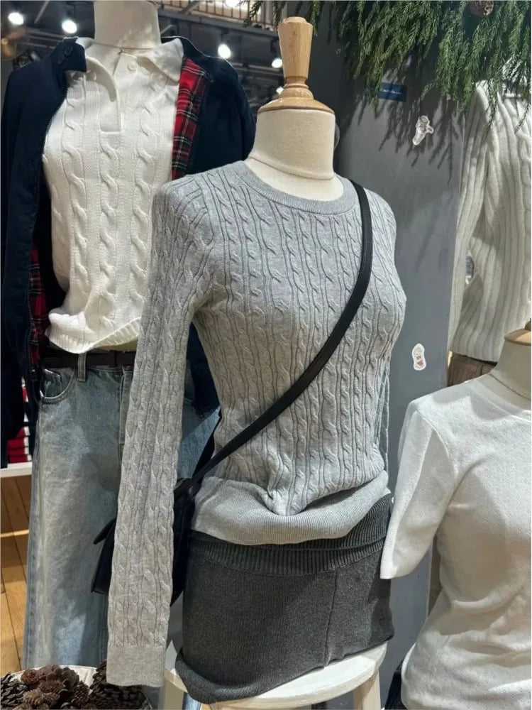 Twist Knitted Crop Tops Women Autumn Beige Casual Square Neck Slim Long Sleeve Pullover Sweet Cute Preppy Style Chic Sweaters