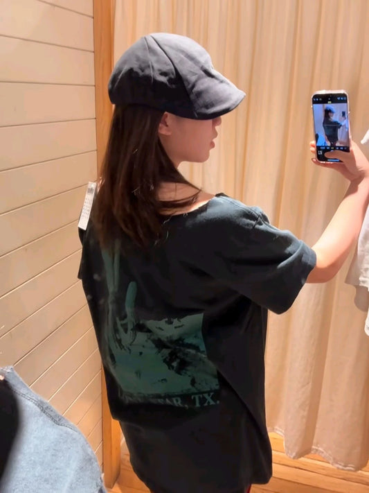 Back Plant Print Loose T-shirt Woman Summer Raw Hem Slash Neck Short Sleeve Oversize Tee Tops Vintage Streetwear Cotton Tshirts