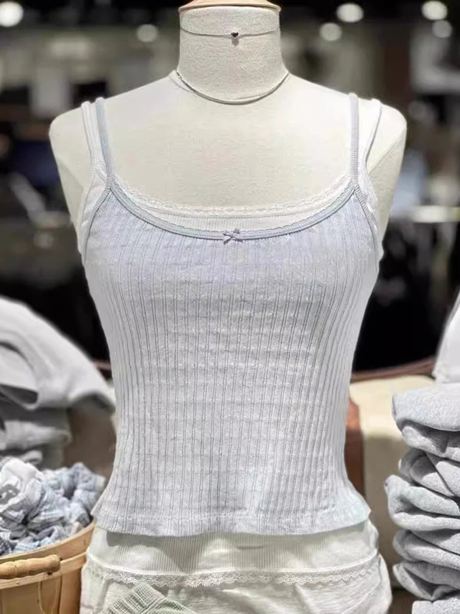 Pink Eyelet Bow Tank Tops Women Summer Casual Cotton Slim Lace Trim Sleeveless Vests Cute Preppy Style Sweet Camisole Y2K Top