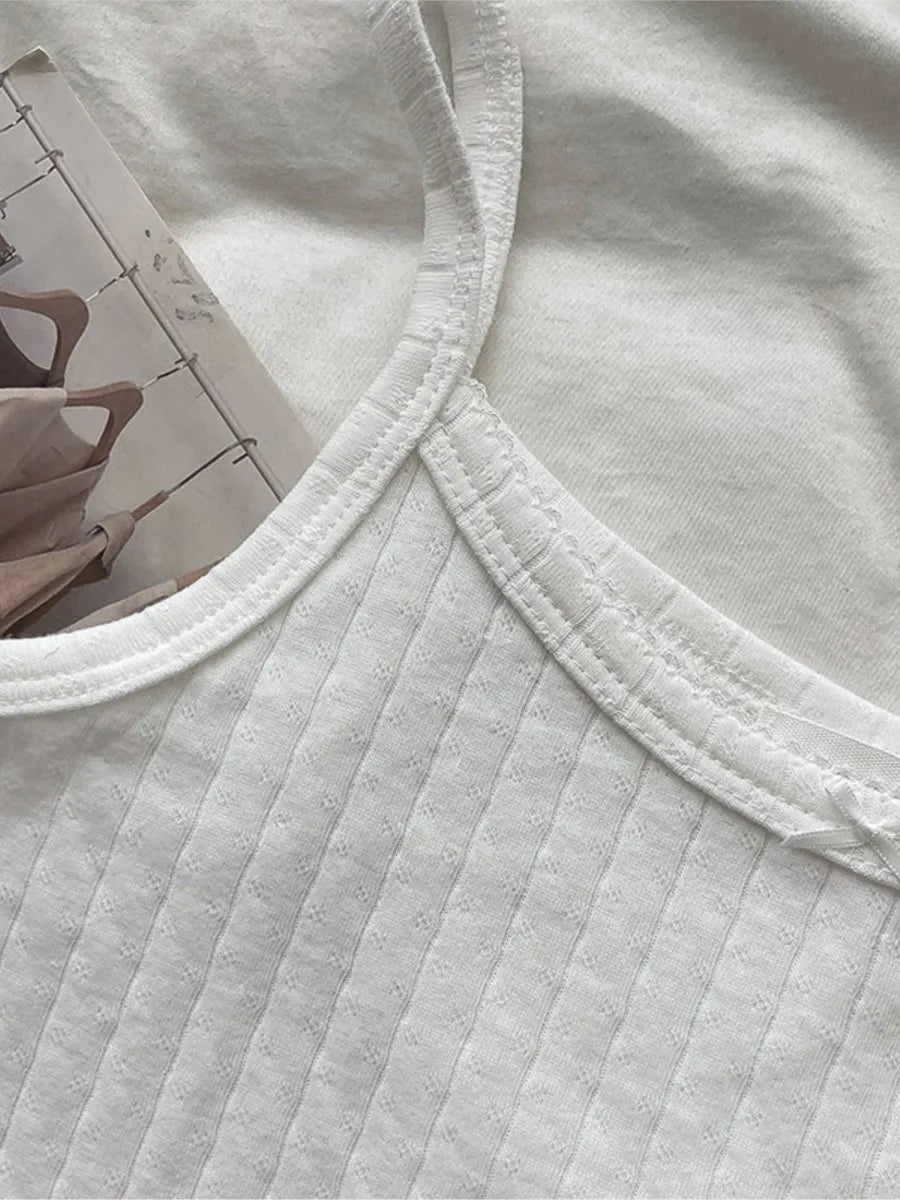 Lace Trim Solid Slim Eyelet Tank Tops Women Summer New Bow Preppy Style Sleeveless Vests Basic Sweet Cute Camisole Y2K Clothes