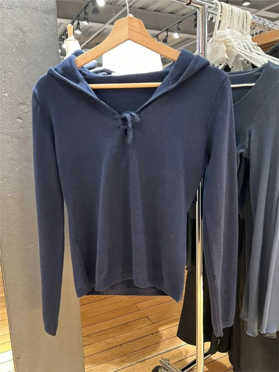 Retro New Navy Hooded Sweaters Women Autumn Cotton Lace-up Long Sleeve Slim Jumpers American Vintage Streetwear Pullover Y2K Top