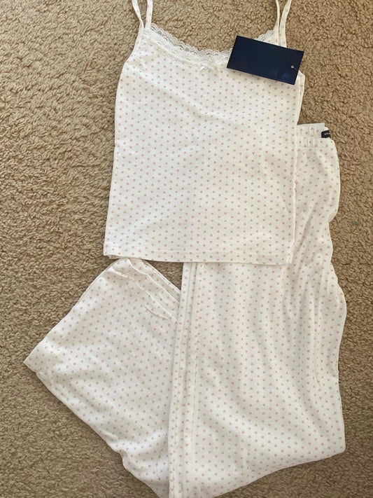 Pink Heart Slim Home Pajama 2 Piece Sets Women Summer Lace Trim Bow Camis+Cozy Straight Trouser Sweet Preppy Style Tank Pant Set