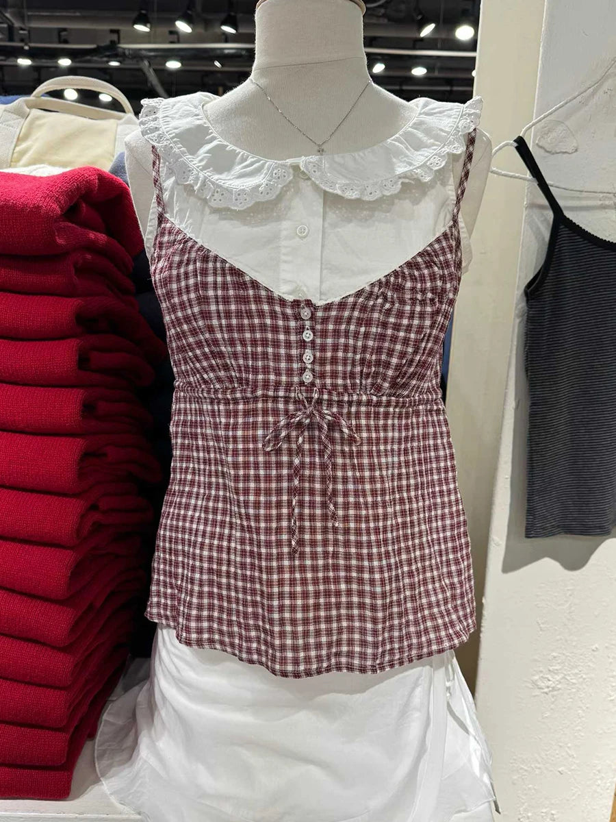 Red Plaid Drawstring Tank Top for Woman Summer Buttons V-neck Cotton Slim Camisole Female Vintage Preppy Style Sweet Crop Tops
