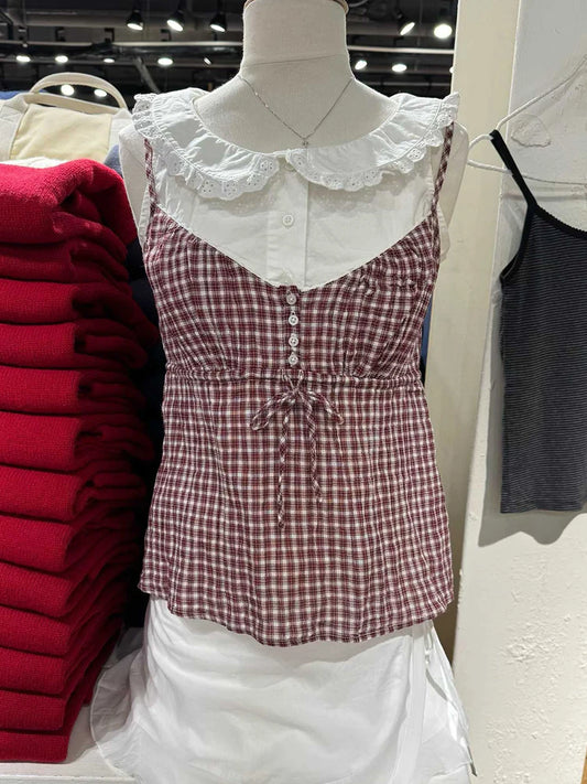 Red Plaid Drawstring Tank Top for Woman Summer Buttons V-neck Cotton Slim Camisole Female Vintage Preppy Style Sweet Crop Tops