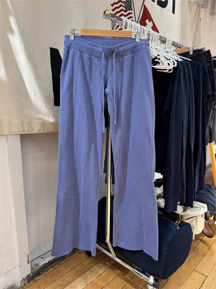 Navy Velvet Drawstring Sweatpants Woman Spring Raw Hem Straight Yoga Long Pants Female Vintage Streetwear Cotton Fleece Trousers