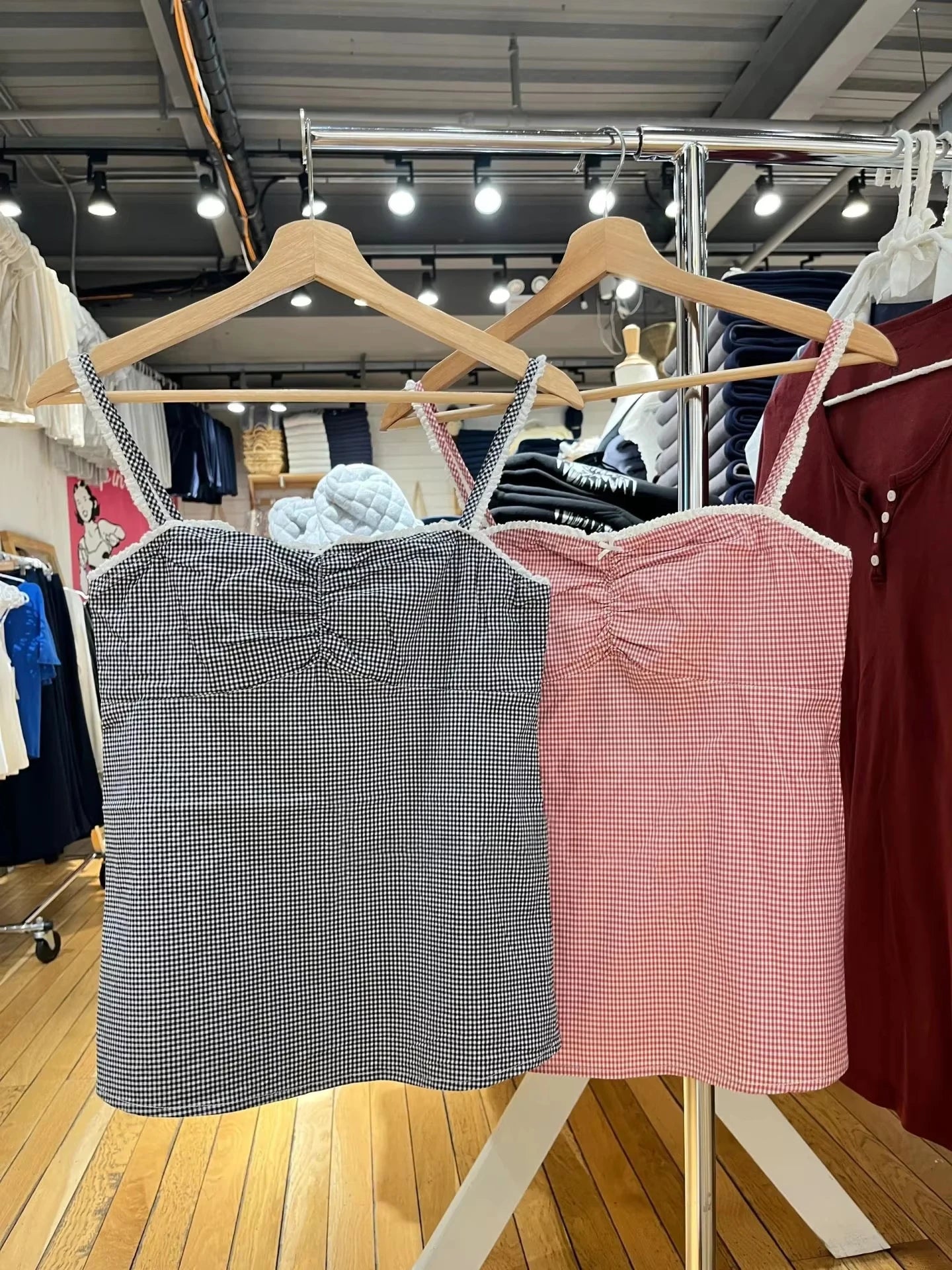 Pink Plaid Lace Trim Slim Tank Tops Woman Summer Cute Bow Folds Strapless Camisole Female Casual Vintage Sweet Vest Y2K Top New