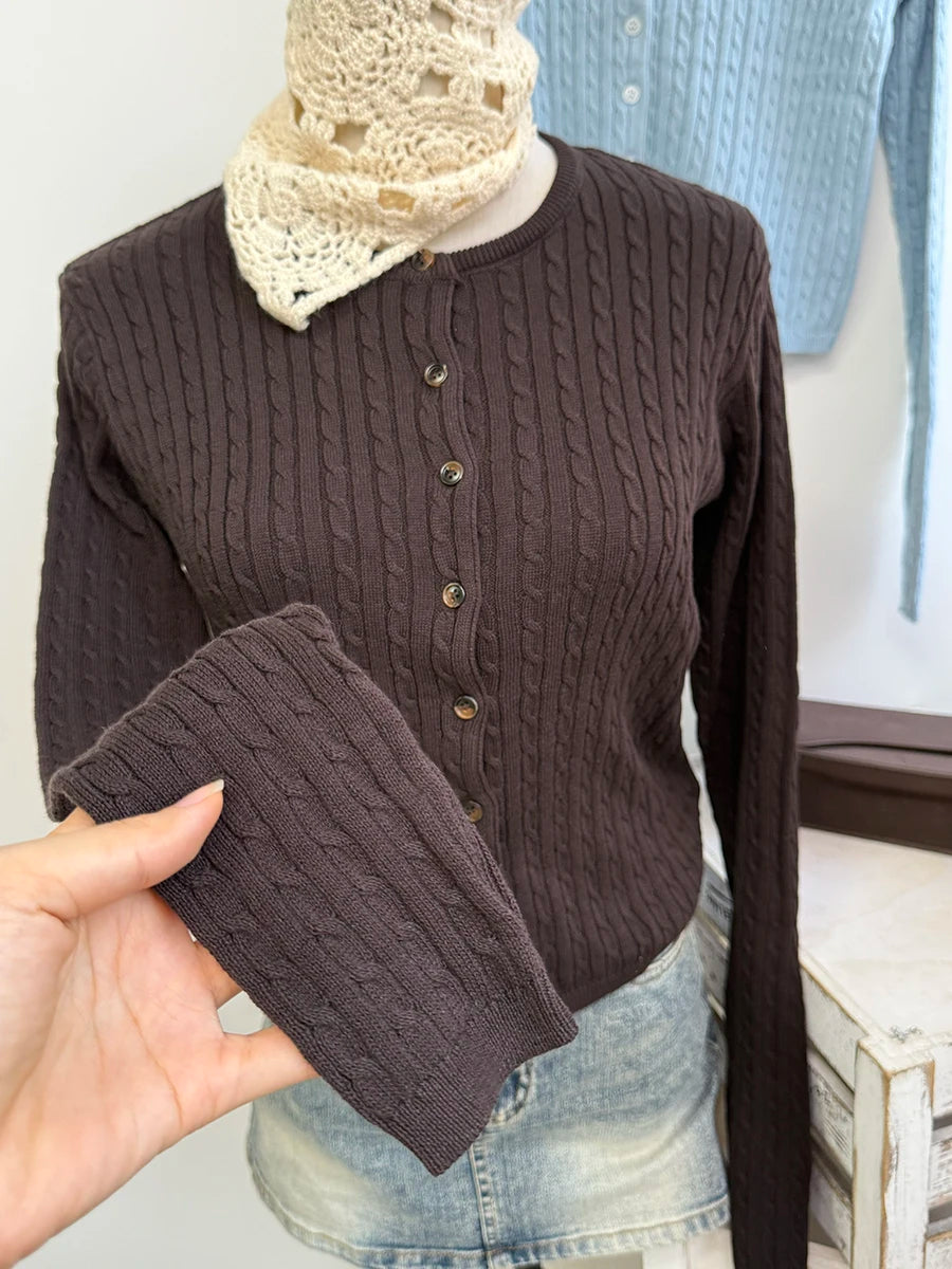 Brown Twsit Cardigan Women Spring Simple Casual Cotton Slim Button Long Sleeve Sweater Vintage Chic Preppy Style Sweaters Y2K