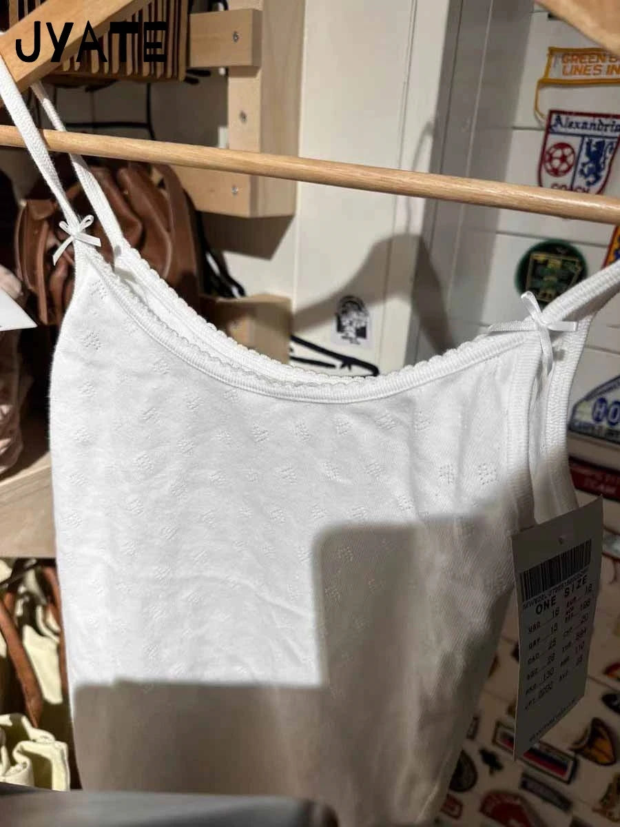 Sweet White Bow Sleeveless Vest Women Summer Cotton Slim Sexy Simple Heart Hollow Out Tank Tops Sweet Vintage Cute Camisole Y2K