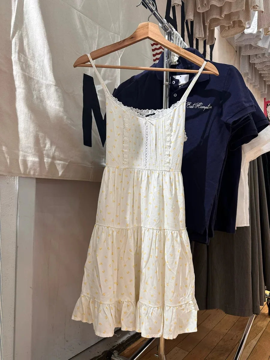 Lace Trim White A-line Dress Women New Elastic Waist V-neck Sleeveless Mini Dresses Vintage Preppy Style Sweet Short Vestido Y2K