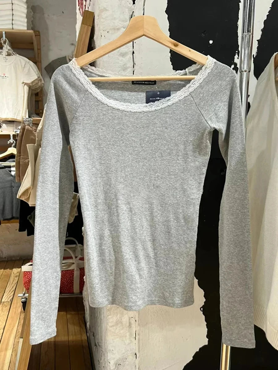 Sweet Lace Patchwork Cotton Long Sleeve Tees Women Casual Scoop Neck Slim Gray Tops Female Streetwear Vintage Y2K Chic T-shirts