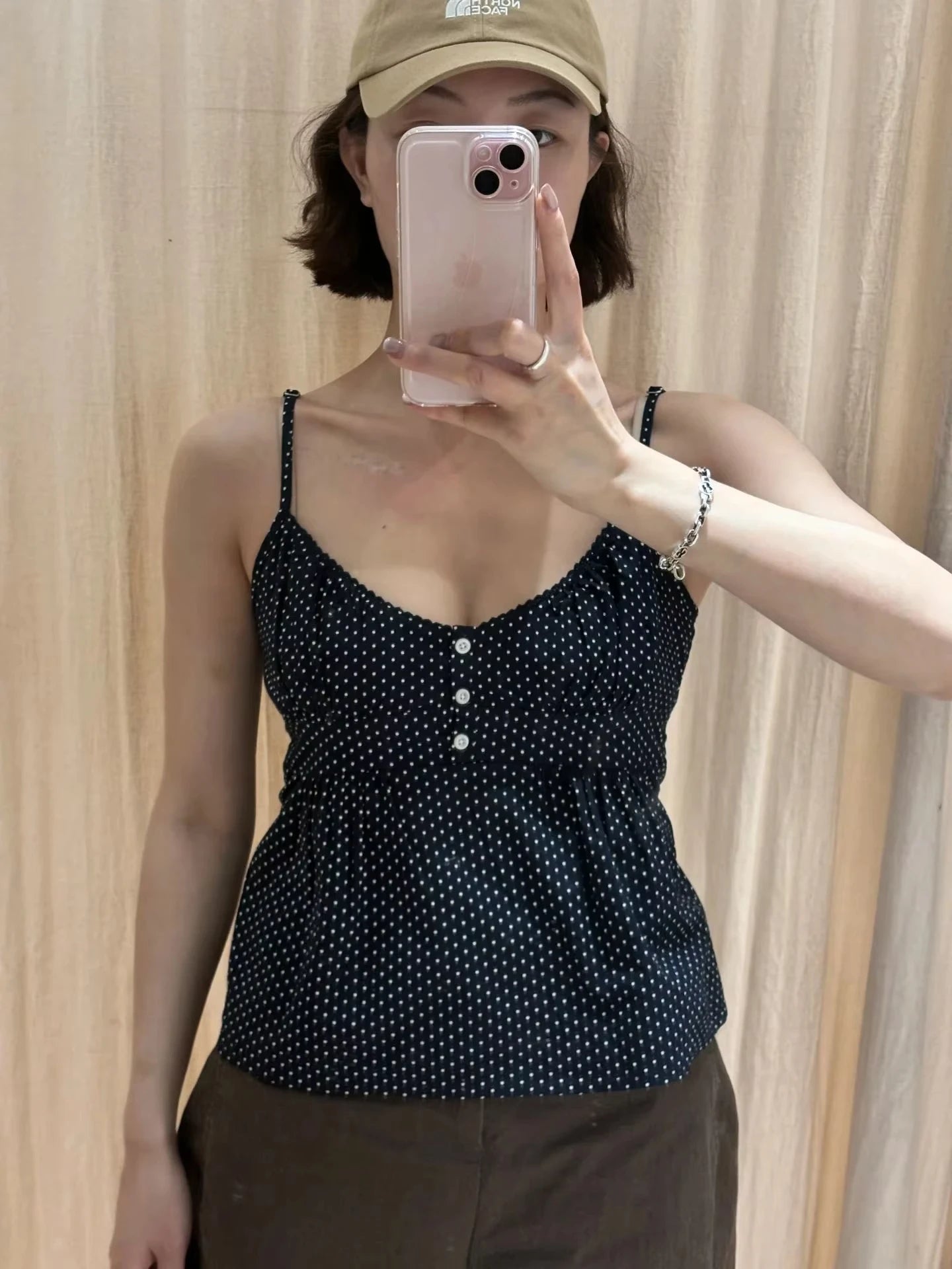 Navy Dot Slim Buttons Tank Top Woman Summer New Lace Trim V-neck Back Lace-up Cotton Camis Clothes Vintage Sweet Crop Tops Y2K