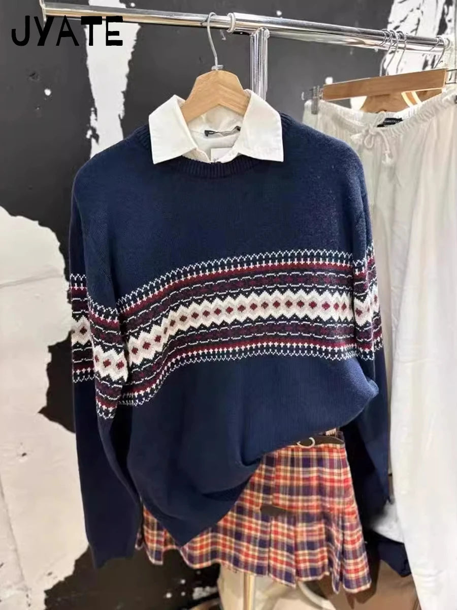 Fashion American Geometric Patchwork Knitted Pullover Tops Women Cotton Warm Loose Casual Jumper Vintage  Chic Y2K Sweaters New