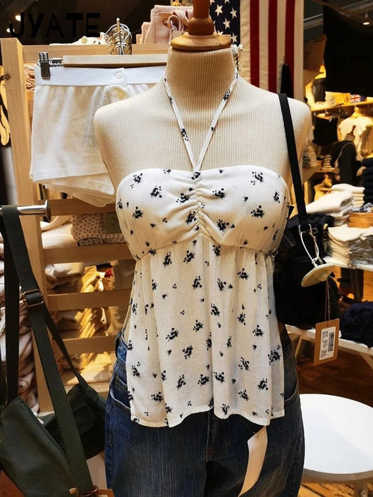 Sweet Floral Pleated Halter Crop Tops Women Summer New Casual Slim Strapless Side Split Tank Top Vintage Harajuku Chic Camis Y2K