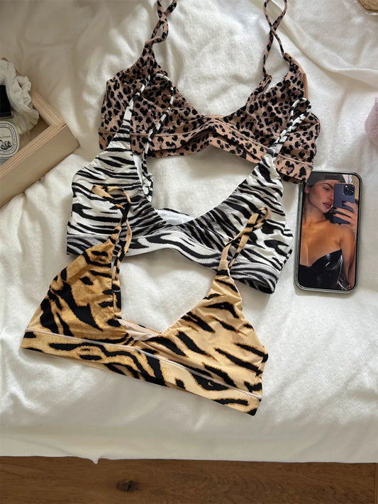 Adjustable-strap Seamless Bras+Low Waist Panties Deep V-neck Casual Tiger Striped Bra Set Women High Elasticity Lingerie Sets