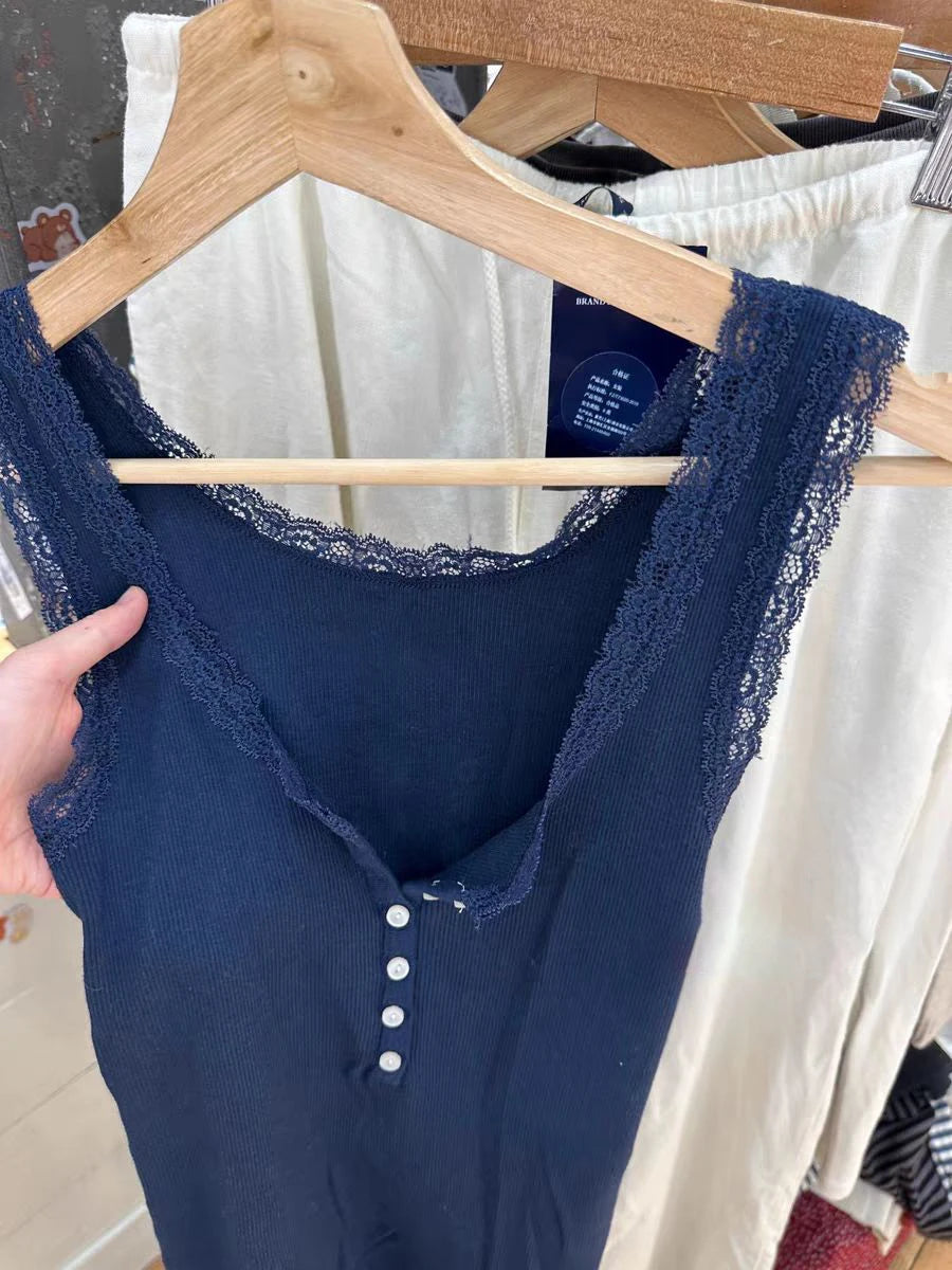 Basic Lace Trim Slim Ribbed Tank Top Women Spring Buttons Cotton Solid U Collar Sleeveless Camis Sweet Simple Chic Vest Tops Y2K