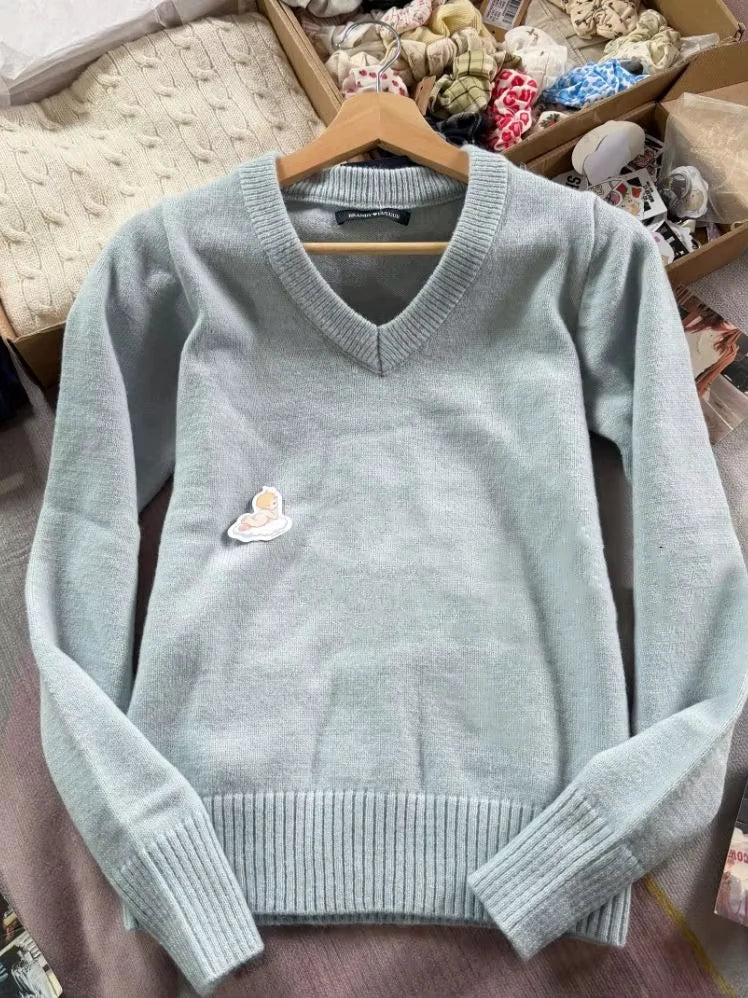Beige V-neck Knitted Sweater Women Fall Winter Casual Soft Long Sleeve Jumper Tops Sweet Simple Basic Sweaters Female New
