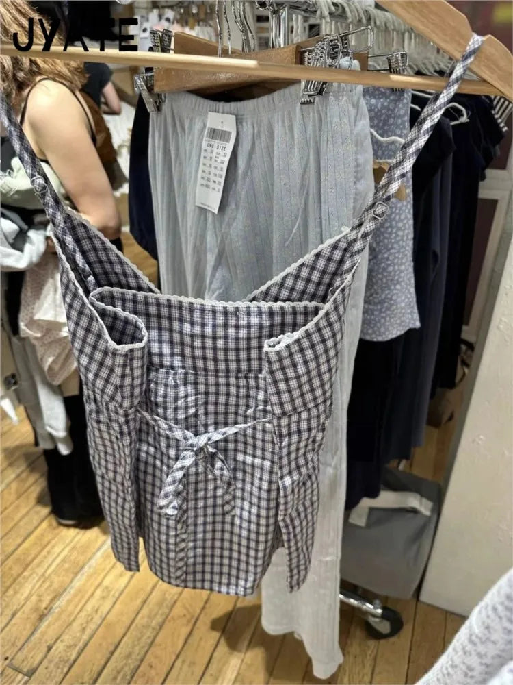 Lace Trim V-neck Plaid Bow Tank Tops Women Summer New Casual Streetwear Simple Back Lace-up Vest Vintage Sweet Chic Camisole Y2K