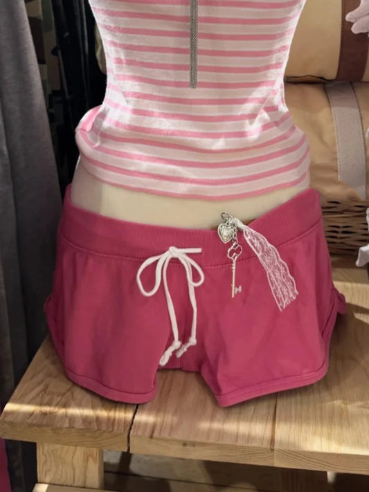 New Rose Pink Cotton Short Pant Women Casual Elastic High Waist Casual SweatShorts Sweet Vintage Cute Y2K Drawstring Bottoms