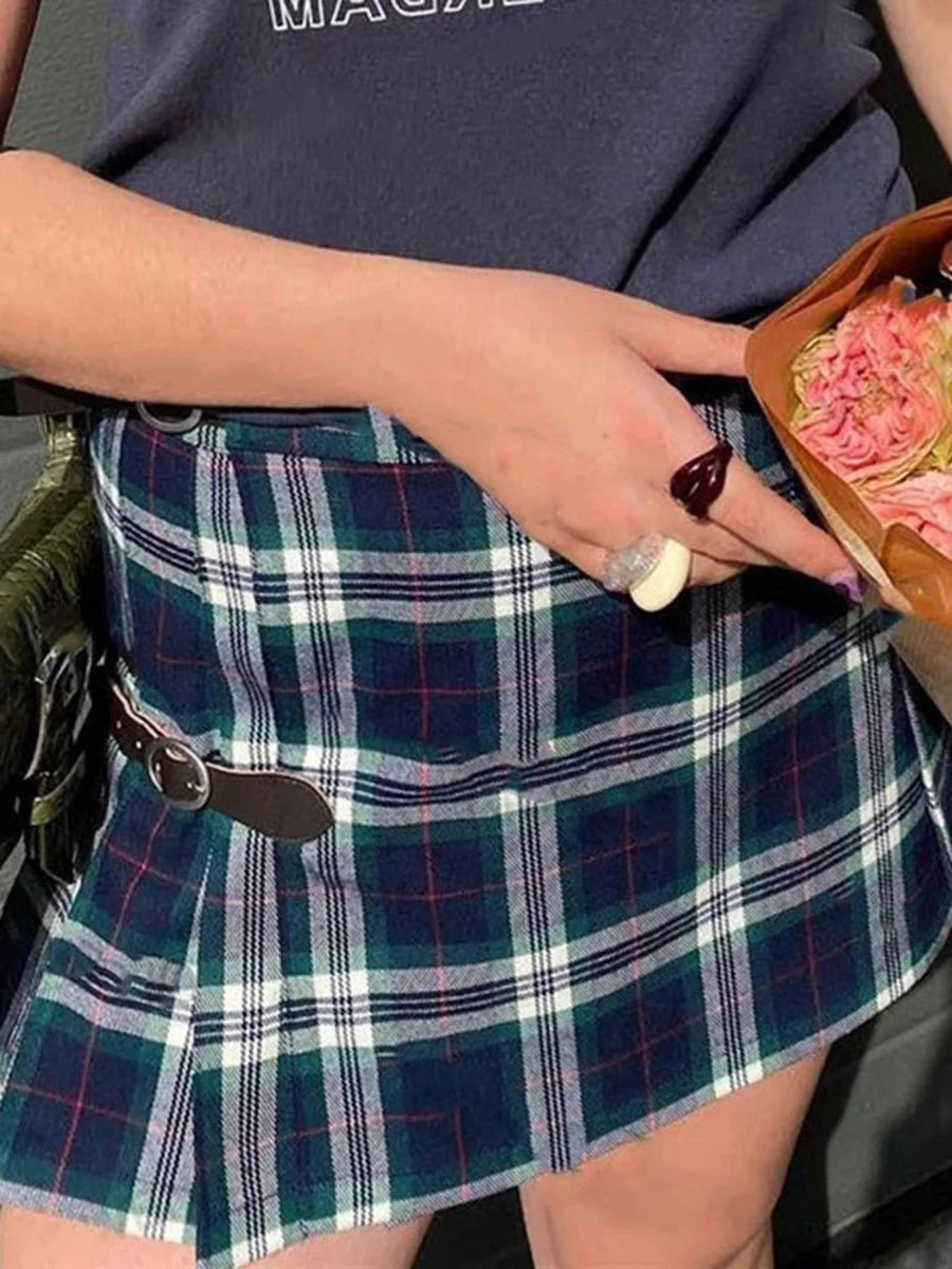 Vintage Preppy Plaid Low Waist Mini Skirt Women Streetwear Aestjetic Chic Sexy Buckle Pleated Skirts Retro Sweet Cute Faldas Y2K