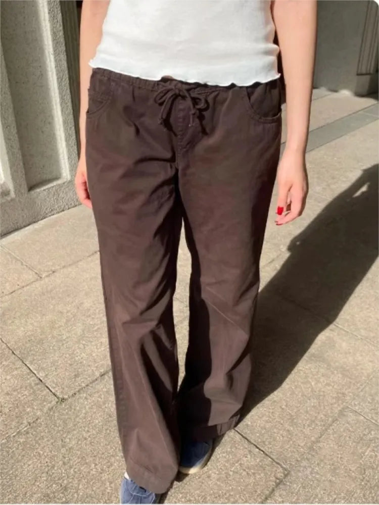 Brown Frankie Pockets Drawstring Pants Women Autumn Sexy Low Waist Straight Long Pant Baggy Vintage Loose Preppy Style Trousers