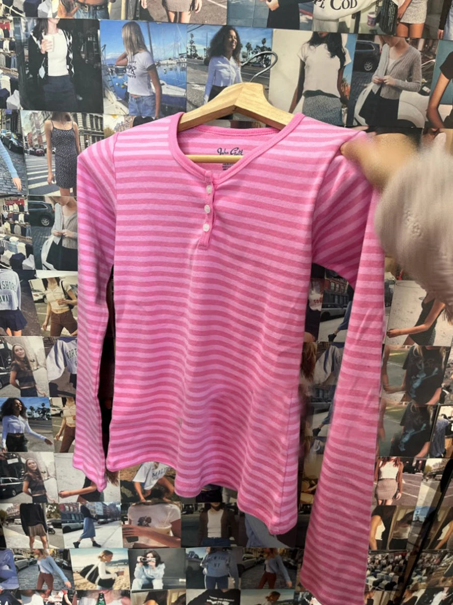 Blue Striped Slim Long Sleeve Tees Women Spring Casual Cotton O-neck Tshirt New Tops Clothes Sweet Cute  Vintage T-shirts Y2K