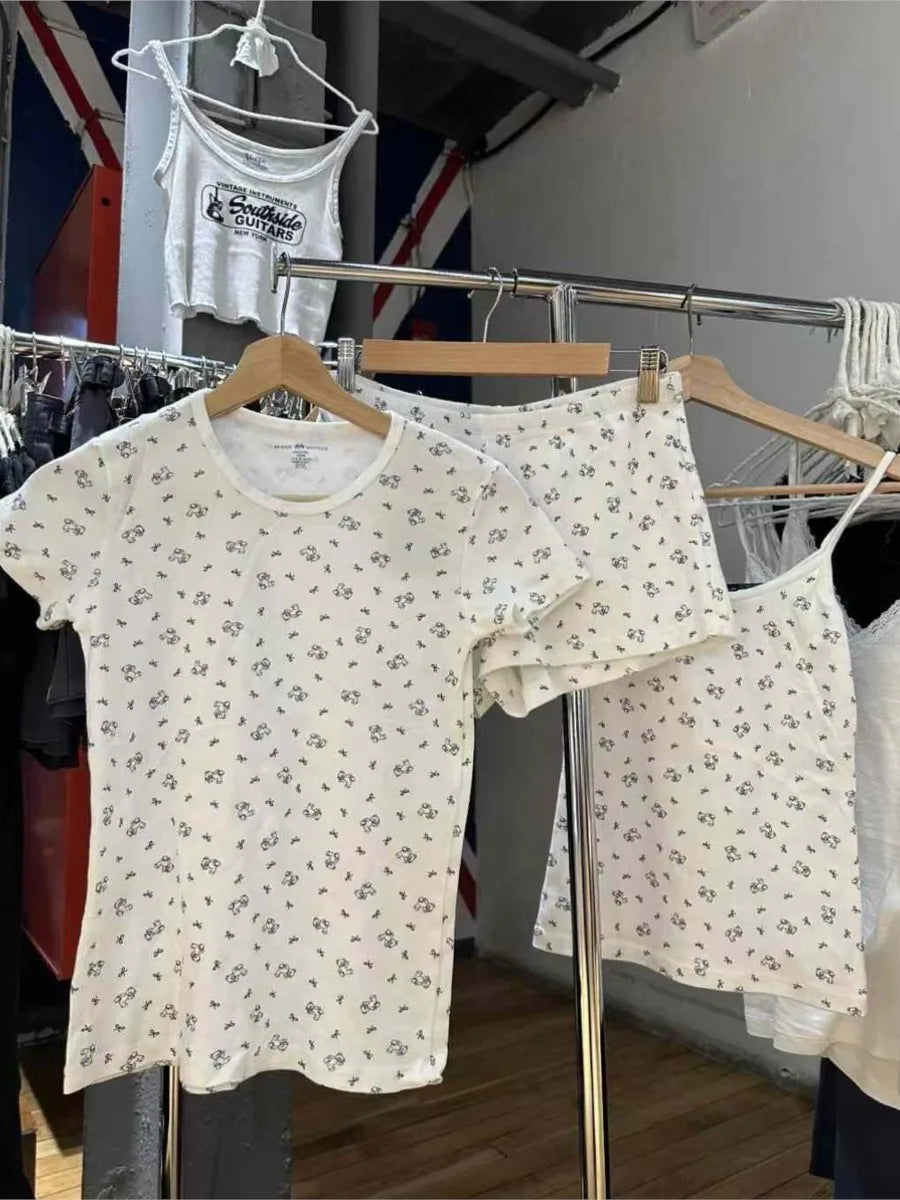 Cute Bear Bow Print Pajama Shorts Women Elastic High Waist Straight Short Pants Summer Sweet Home Underwear New Y2K Sweatshorts