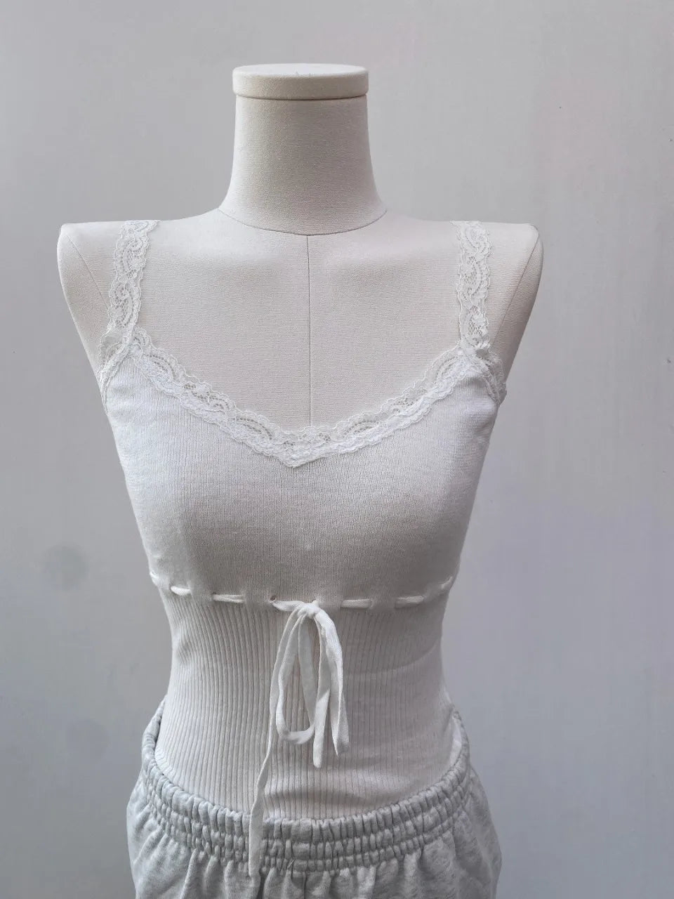 Sweet White Lace Trim Drawstring Knit Tank Tops Women Summer New Simple Cotton Slim High Waist Camis Cute Vintage Chic Vests Y2K