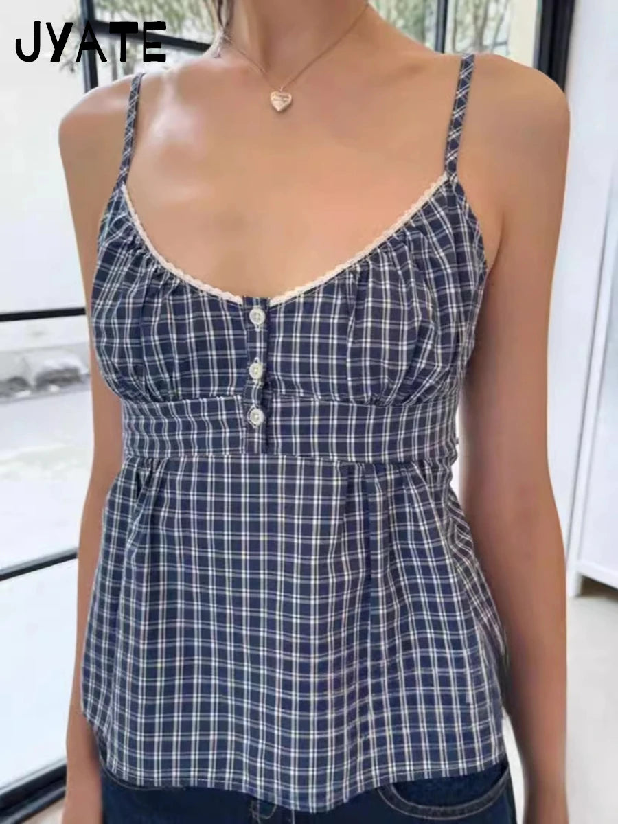 Retro White Lace Trim Blue Plaid Tank Tops Women New Buttons Back Lace-up Sleeveless Vests Vintage Chic Sweet Blouse Camis Y2K